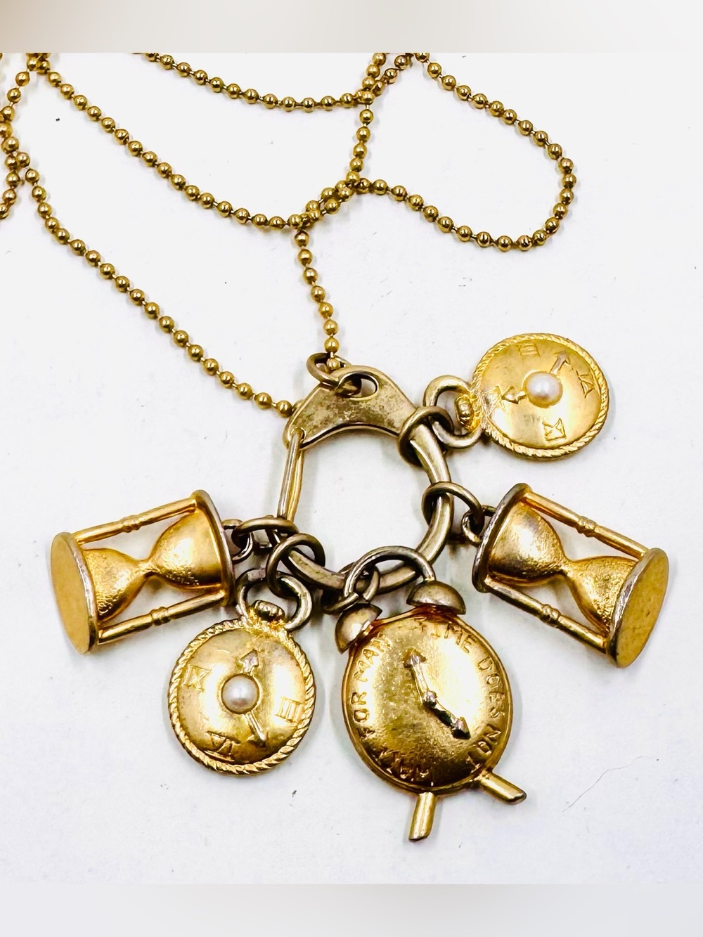 Chunky Gold-Tone Hourglass & Timepiece Charms Pendant Necklace 38” Ball Chain